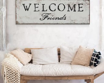 Caps Over Friends Welcome Sign, Dove Gray, Black Lettering, Wide Farmhouse Banner