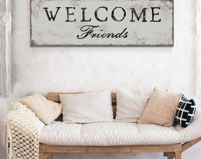 Caps Over Friends Welcome Sign, Dove Gray, Black Lettering, Wide Farmhouse Banner