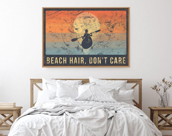 Retro beach hair don't care poster, navy kayak paddler at sunset, large coastal canvas in coral and aqua