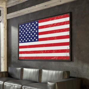 Framed American Flag Print with Rusted Edges, Vintage USA Wall Decor, Retro Flag Home Art, United States of America Flag, USA Office Decor
