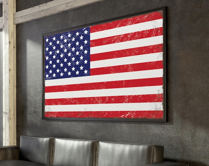 Framed American Flag Print with Rusted Edges, Vintage USA Wall Decor, Retro Flag Home Art, United States of America Flag, USA Office Decor
