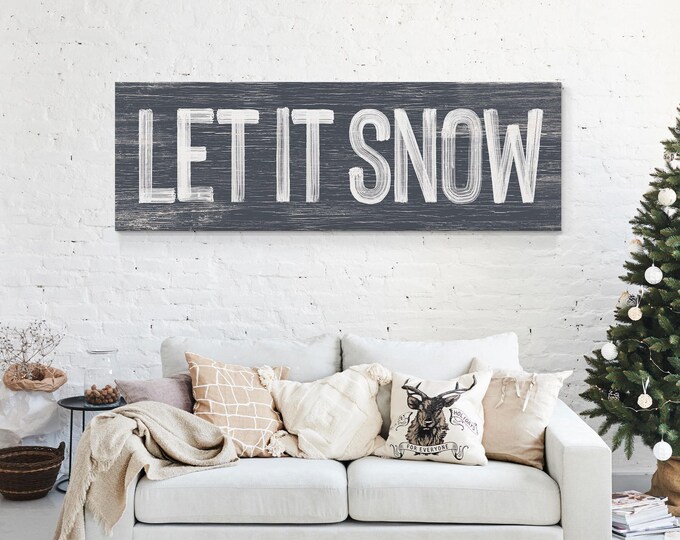 Snowy Typography Art, Let It Snow in White on a Charcoal Navy Wall Panel