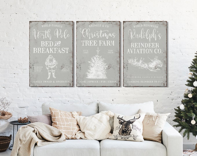 Stone Gray Vintage Christmas Triptych Wall Art, Christmas Tree Farm, North Pole Bed & Breakfast, Sleigh and Reindeer, Christmas Wall Decor