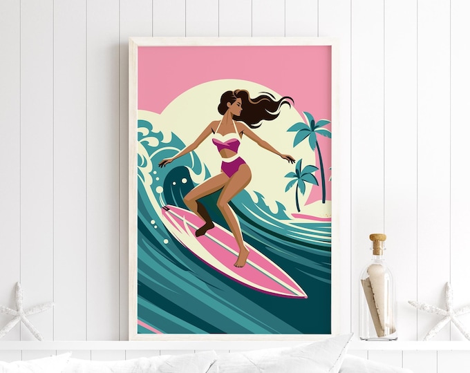 Surf Art Print, Retro Woman Surfer in Pink and Rose, Vintage Coastal Beach House Decor