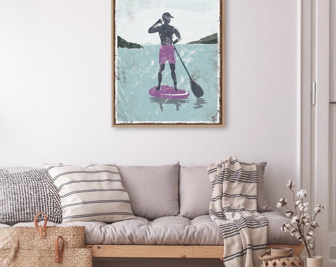 Vintage Lake Life Sign - Rustic Paddleboarding Art with Purple Highlight