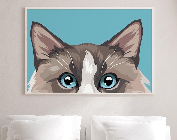 Colorful Cat Artwork, Peekaboo Ragdoll on Aqua Teal, Framed Pop Canvas