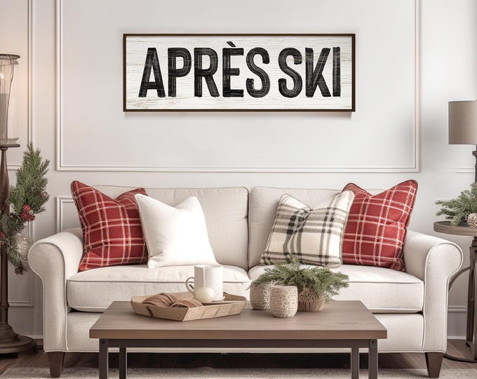 APRES SKI Sign in white and black, faux weathered wood, seasonal wall art, apres ski wall print, vintage farmhouse, long horizontal wall art
