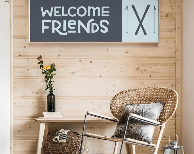 Welcome Friends Sign, Crossed Skis On Ice Blue, Charcoal Lodge Banner Gift