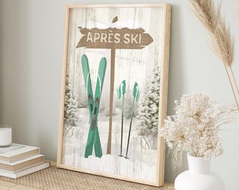 Rustic Ski Lodge Wall Art, Vintage Style, Mint Green (Canvas or Paper)