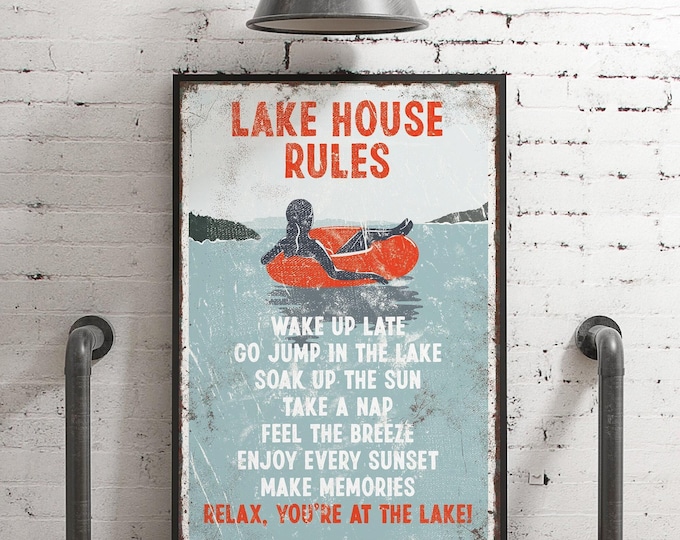 Framed Sunset Art, Warm Tubing Cabin Lake House Rules Canvas