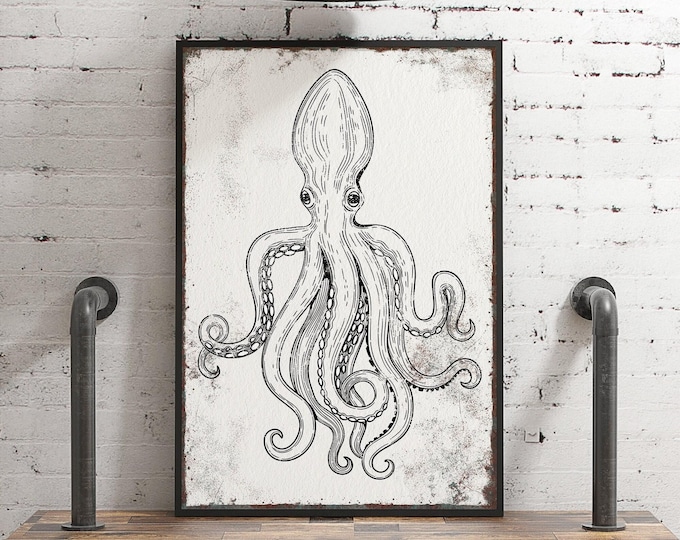 Octopus Wall Art Black Ink Print White Coastal Nautical Decor Living Room