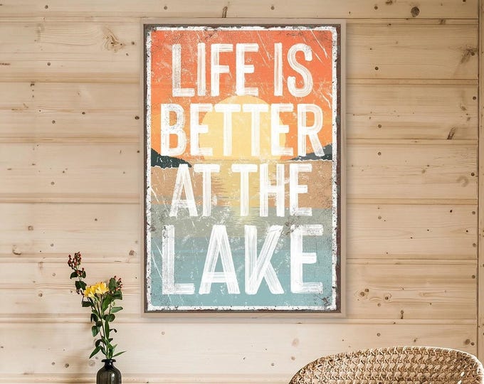 At The Lake Sign, Retro Sunset Wall Art, Teal Orange Cream Cottage Cabin Decor