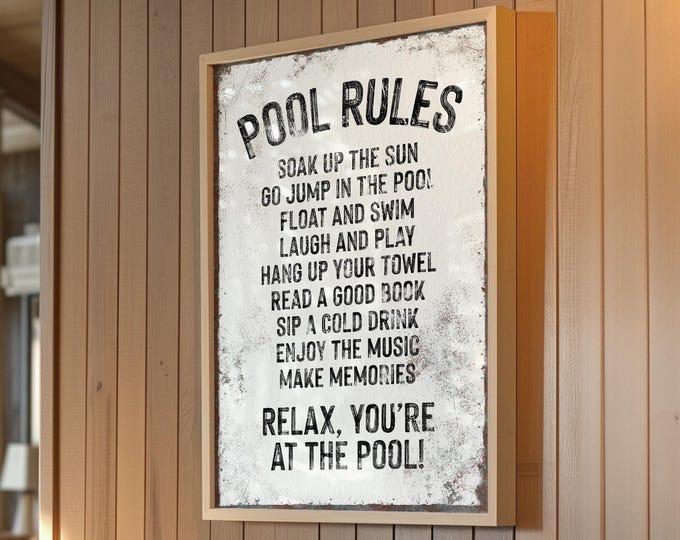 Pool Rules Sign, Weathered Cream Black Rust Typography, Indoor Outdoor Gift