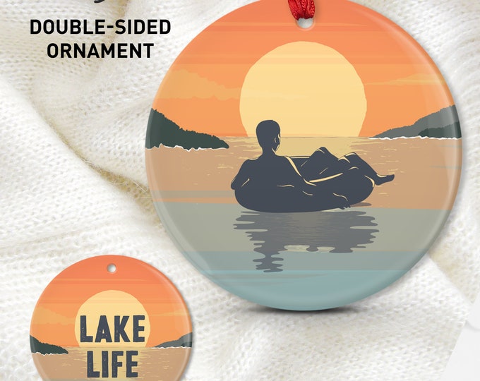 LAKE LIFE Ornament with Man Tubing at Sunset {06} • Double-Sided Christmas Ornament, Ceramic Porcelain or Shatterproof Aluminum