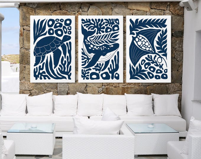 Abstract Ocean Art Set of Three, Navy Cutout Sea Animals Triptych, Beach House Gift