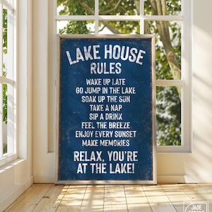 Cabin Wall Art, Lake House Decor, Vintage Lake Sign, Nautical Canvas Print, Coastal Blue Artwork, Rustic Vacation Wall Decoration