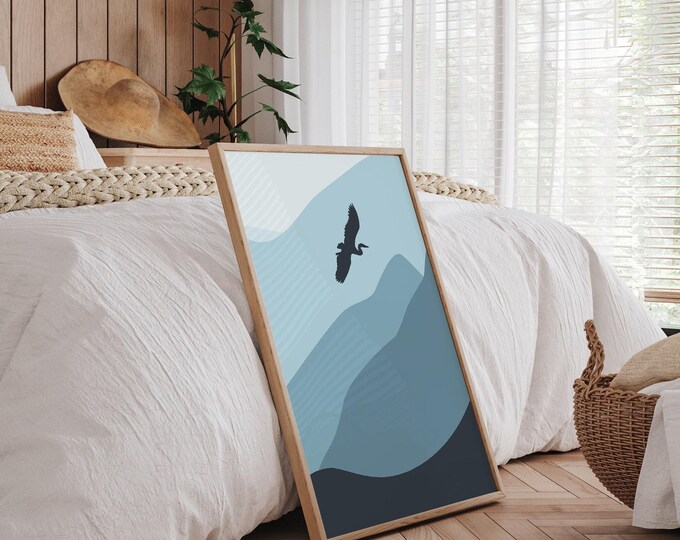 Abstract Crane Canvas: Ombre Blue Mountains - Large Modern Wall Art