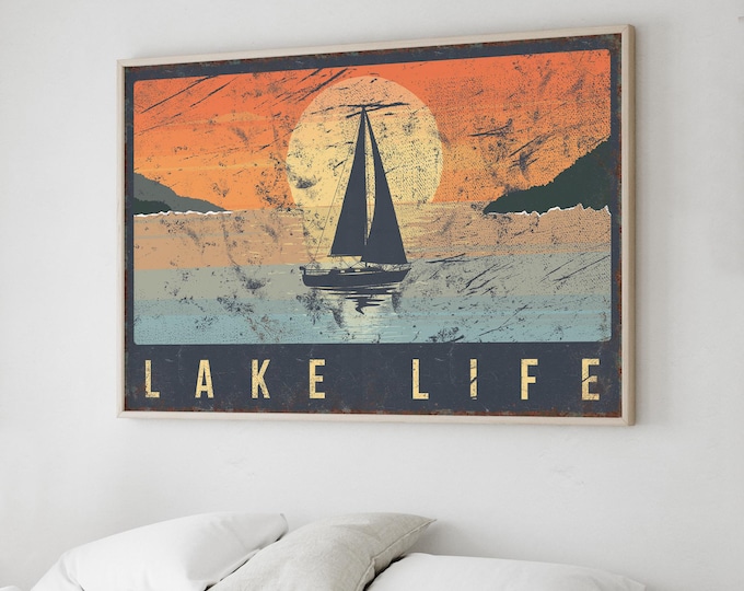 Vintage Lake Life Sign for Lake House Decor, Sailing Art Print Canvas, Horizontal Lake at Sunset, Sailboat Wall Art, Lake Boater Gift