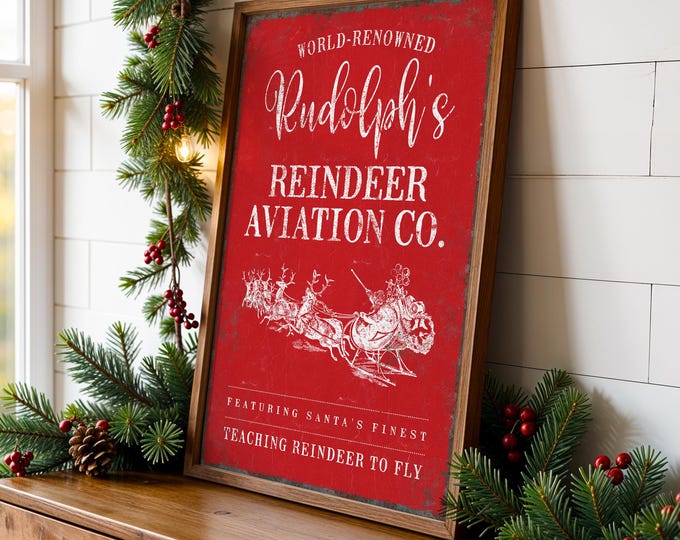 Rudolph Reindeer Art, Aviation Co Teaching Reindeer to Fly in Cream White on Barn Red