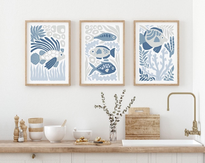 Blue Gray Marine Triptych Wall Art – Coastal Wall Decor Set of 3