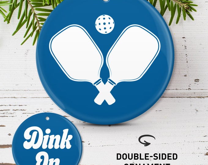 Dink On, Paddles & Ball Pickleball Christmas Ornament, Double Sided Ceramic Porcelain or Shatterproof Aluminum, Choice of Colors • 01