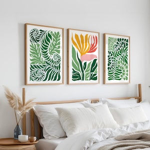 Triptyque de fleurs tropicales, triptyque de blocs, fleurs et verdure, lot de 3 impressions sur toile, thème de la jungle, triptyque tropical • 410
