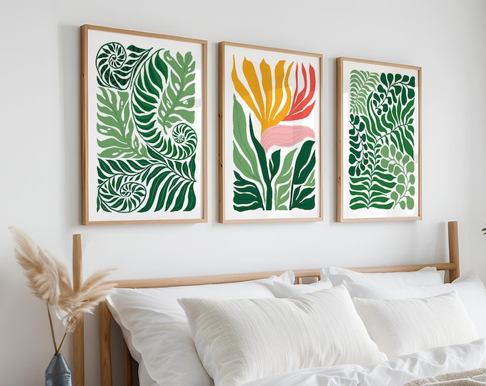 Tropical Flower Triptych Blocks Triptych, Flowers and Greenery Triptych, Set of 3 Canvas Prints, Jungle-Theme, Tropical Triptych • 410