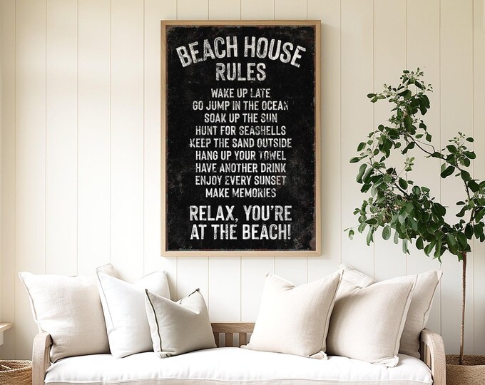 Vintage Beach House Rules Sign, Black and White Art Print, Distressed Beachhouse Decor, Modern Farmhouse Gift