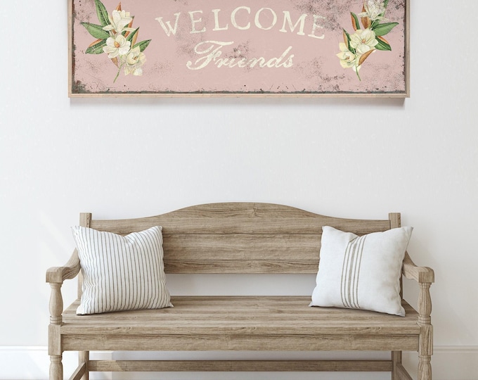 Welcome Friends Wall Art: Vintage Pink Magnolia Floral (Canvas or Paper)