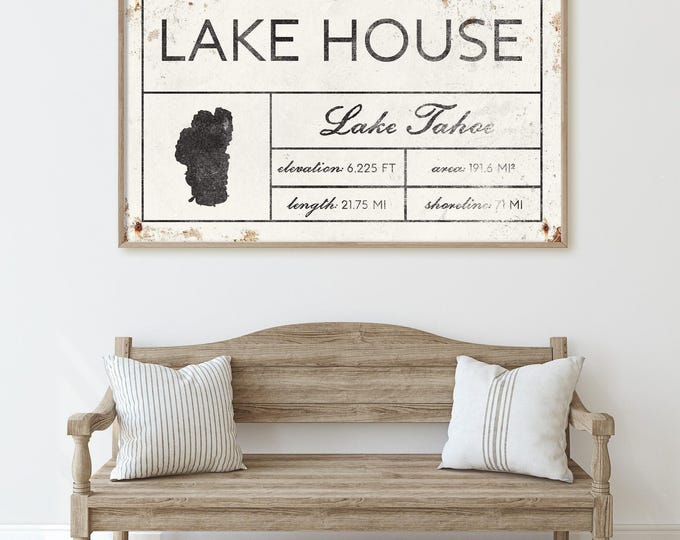 Large Wall Art, Welcome to our Lake House Sign, Tahoe Map in Distressed Cream and Rust