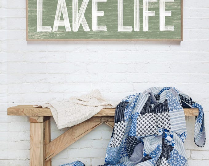 Vintage Farmhouse, Lake Life Sign in Sage Green and White, Rustic Cabin Gift