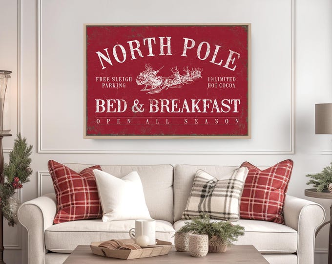 North Pole Christmas Sign: Rustic Vintage Canvas - Multiple Sizes