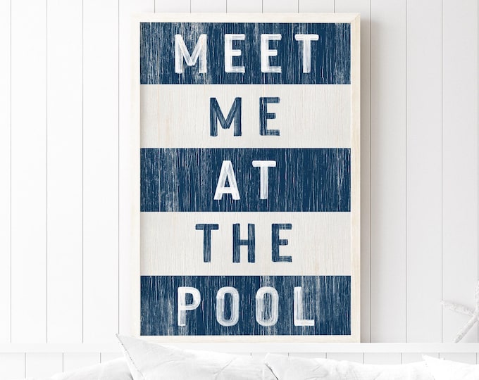 Pool House Wall Art Print, Modern Farmhouse Navy Stripe Decor, Retro Pool Art