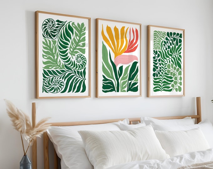 Tropical Flower Triptych Blocks, Jungle Theme Art, Set Of 3 Canvas, Beach House Decor, Modern Farmhouse Style, Waterproof Aluminum Prints