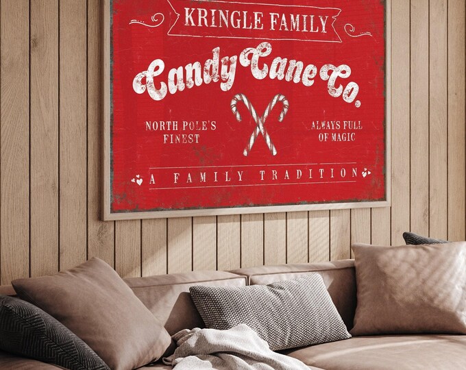 Candy Cane Wall Art, Kringle Family Candy Cane Co Sign with Crossed Canes in Red and Cream