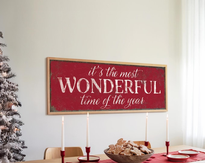 It's the Most Wonderful Time Sign: Deep Red Canvas - Farmhouse Christmas
