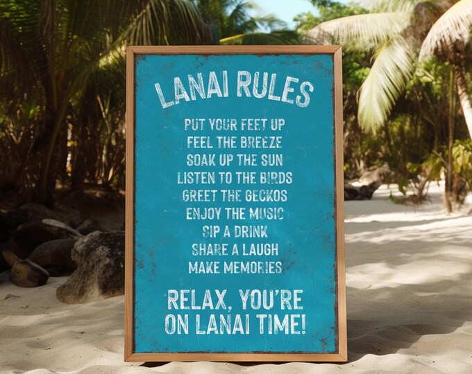 Lanai Rules Put Your Feet Up, Aqua Teal Blue Poolside Wall Art, Hostess Gift