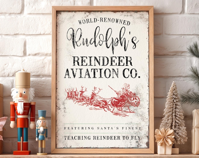 Rudolph Red Nosed Sign, Rustic Red Christmas Holiday Decor, Cream Reindeer Wall Art