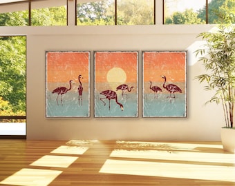 Flamingo Triptych Wall Art, Sunset Scene, Set of 3 Prints