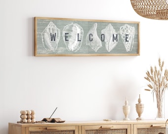 Welcome Sign With Sage Green Seashells, Coastal Hallway Wall Art, Vacation Home Gift