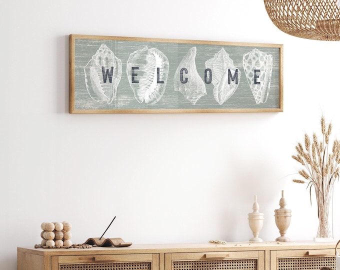 Welcome Sign With Sage Green Seashells, Coastal Hallway Wall Art, Vacation Home Gift