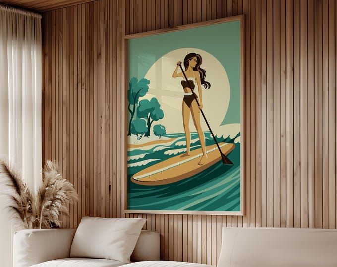 Lake House Decor, Teal Sky Paddleboarding Wall Art, Woman on the Water, Cabin Gift