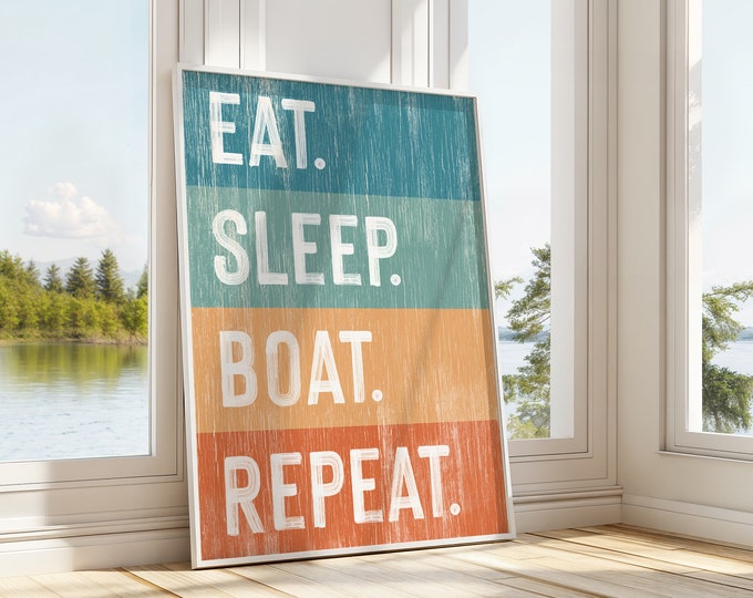 Eat Sleep Boat Repeat Sign on Rainbow Canvas Print, Vintage Lake House Decor, Boat Gift for Family, Lake Housewarming Gift for Her, Boat Art