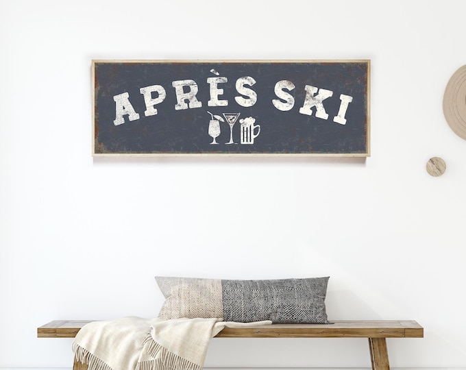 Canvas Ski Artwork, Apres Ski Bar Sign in Cream on Charcoal Navy, Cabin Fireside Decor