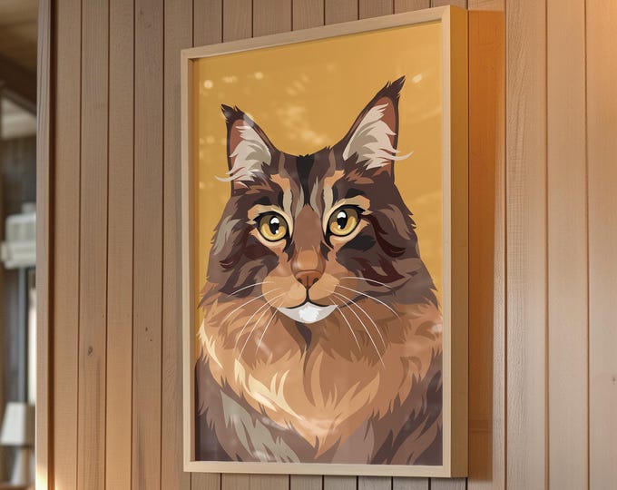 Maine Coon Cat Canvas, Bright Feline Print, Pop Art Cat, Dorm Wall Art, Modern Pet Portrait, Colorful Animal Decor, Unique Gift