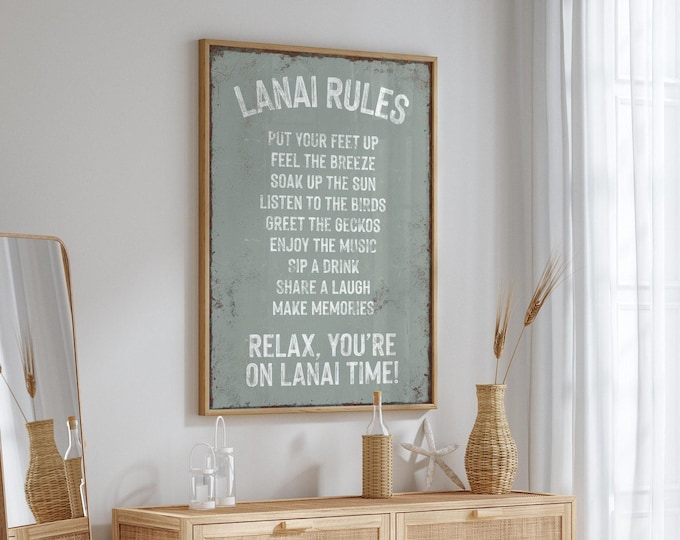 Vintage Lanai Rules Sign: Sage Green, Rustic Pool Patio Decor