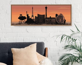 Las Vegas Sunset Skyline Wall Art, Black Strip Silhouette, Orange Panoramic Canvas Print