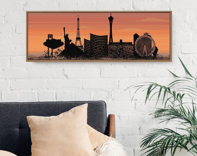 Las Vegas Sunset Skyline Wall Art, Black Strip Silhouette, Orange Panoramic Canvas Print