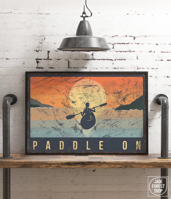 Vintage Paddle on Canvas, Lake House Decor, Female Kayaker Art