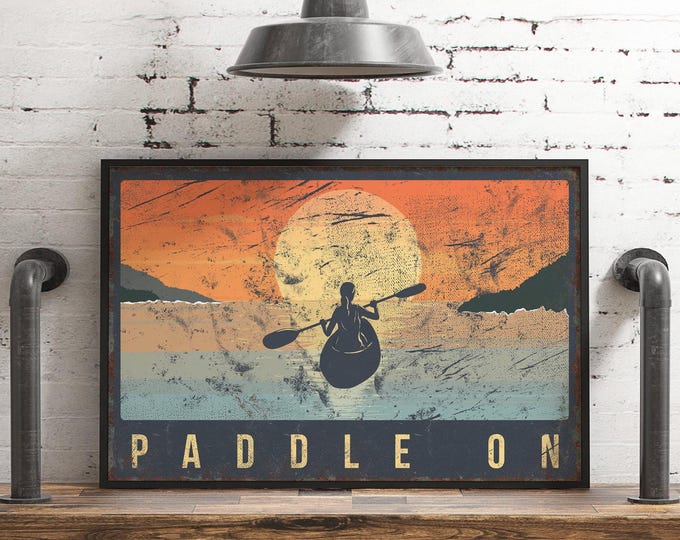 Vintage Paddle On Canvas, Lake House Decor, Female Kayaker Art, Sunset Kayak Print, Retro Lake Gift, Distressed Wall Hanging